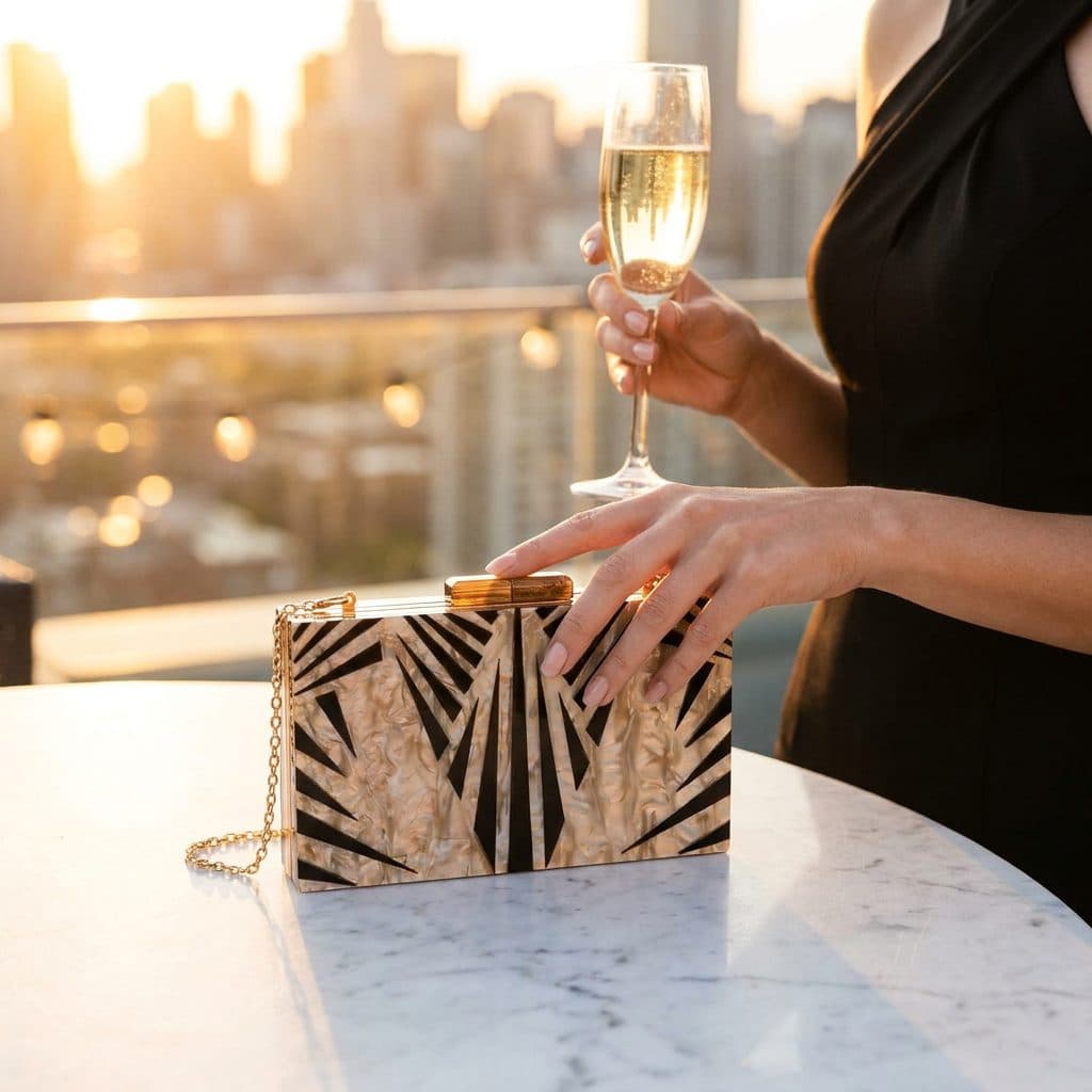 Mise en situation lifestyle — femme en soirée avec la pochette