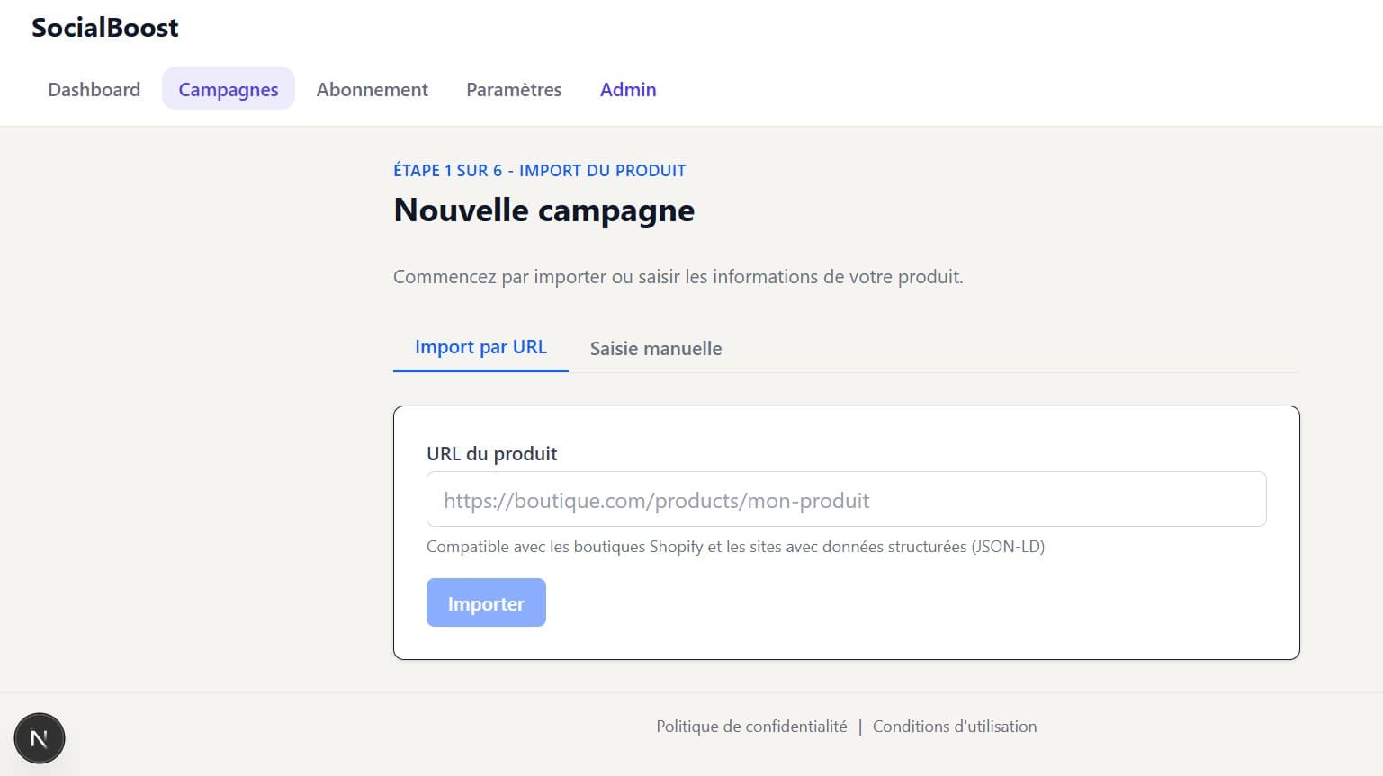 Import d’un produit par URL dans SocialBoost
